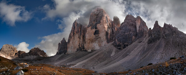 Three peaks of Lavaredo (Tre Cime di Lavaredo, Drei Zinnen). Dolomites, Northern Italy.