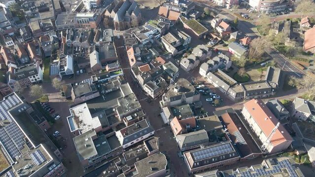 Aerial of shopping district in a idyllic town in the Netherlands