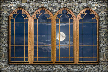 A night-time backdrop. Four windows in a grey stone wall overlooking the night sky with clouds and...