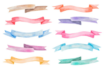Obraz premium Watercolor illustration of hand painted colorful ribbons. Red, blue, green, orange, yellow, brown, pink bands. Isolated on white clip art stripes for wedding party invitation, postcard, poster, banner