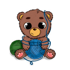 A beautiful cartoon poster with a cute teddy bear with tangles on a white background.