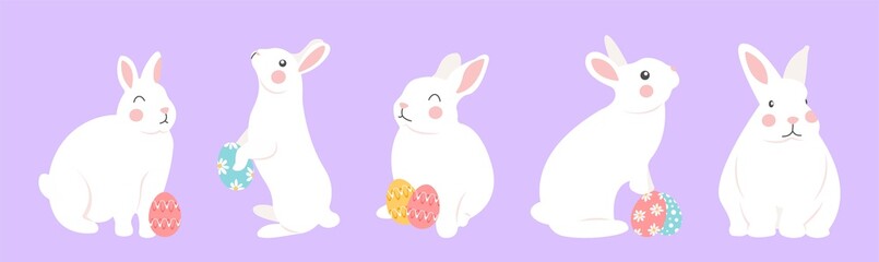 Set of cartoon cute spring rabbits. Vector illustration collection of white easter rabbits with easter eggs. Bunny character jumping and sitting.