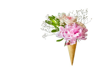 fresh flowers in a sweet waffle cone as ice cream isolated over white background, gift, summer or wedding decoration ideas