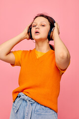 funny girl grimace headphones entertainment emotions music cropped view unaltered
