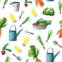 Watercolor seamless pattern on a white background. Illustration on the theme of gardening with harvest, watering can, garden tools, gardening gloves.