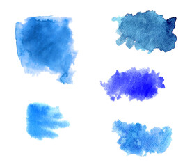 Watercolor set of colorful backgrounds in different sizes and shades. Blue spots with smooth spreading along the edge. For your designs and any ideas. All elements are hand-draw.