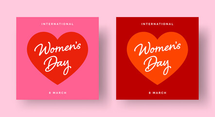Fototapeta na wymiar International Women's Day Square Banner Designs with 'Women's Day' Lettering in Heart Shape. Women's Day Typography on Pink and Red Backgrounds for Social Media Post, Banner, Poster, Greeting Card
