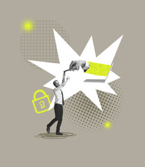 Contemporary art collage. Giant hand from laptop giving employee key. Hiring new programmer