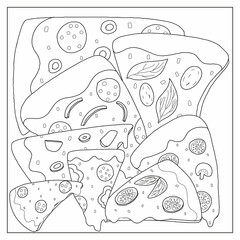 Pizza slices coloring page. Vector hand drawn illustration.
