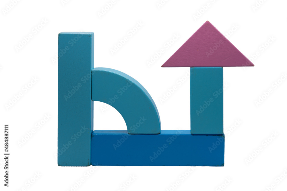 Fototapete Blue toy cubes built by a child in a shape with an isolated background