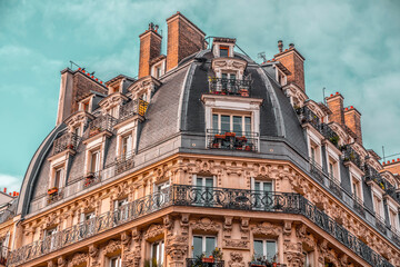 Detail from typical French architecture in Paris - obrazy, fototapety, plakaty