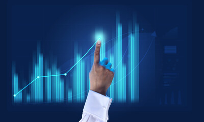 holographic graph with growing indicators and a woman's hand. Business growth concept, profitable startup, profitable business strategy