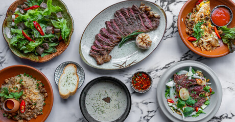 Grilled & Roasted Beef Steaks, Celery soup and Salads