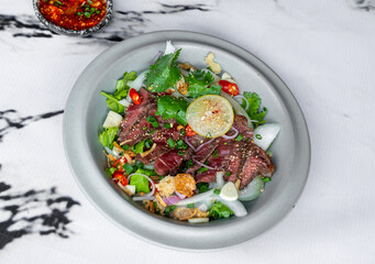 Grilled & Roasted Beef Steaks, Celery soup and Salads