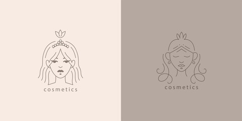 Vector logo for business in the beauty, health, personal care industry. Linear stylized image of a female face. Logo for a beauty salon, make-up artist, young girl. Abstract faces. 