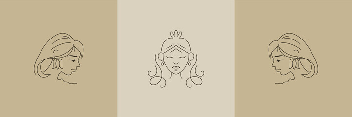Vector logo for business in the beauty, health, personal care industry. Linear stylized image of a female face. Logo for a beauty salon, make-up artist, young girl. Abstract faces. 