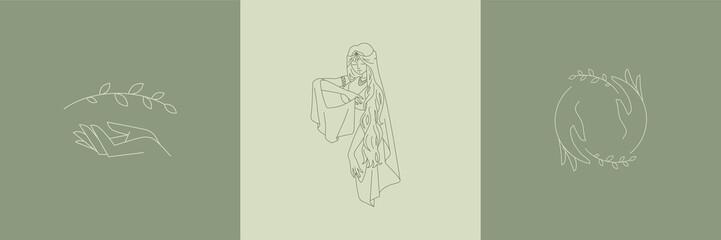 Logos for business in the beauty, health, personal care industry. Linear image of an oriental princess and her hands. Magic dance. Logo for beauty salon, health industry, makeup artist, young girl.