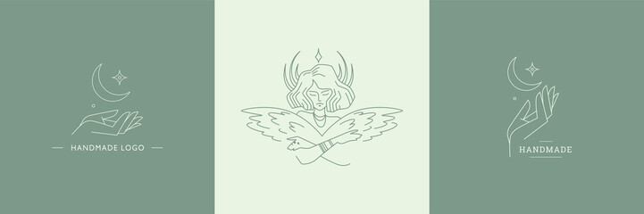 Logos for business in the beauty, health, personal care industry. Linear image of an angel with wings, stars and magic hands. Logo for beauty salon, health industry, makeup artist, young girl.
