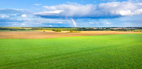 Fototapeta premium Summer landscape with views of agricultural fields. Bright rural landscape. Landscape with rainbow over the field