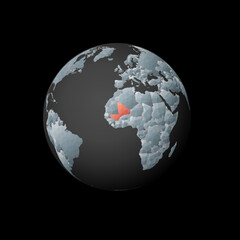 Low poly globe centered to Mali. Red polygonal country on the globe. Satellite view of Mali. Modern vector illustration.