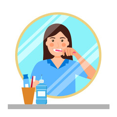Woman brushing teeth in the bathroom in flat design. Female cleaning teeth to prevent tooth decay. Dental care.