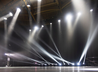 stage lighting in the theater and at the concert. Lighting equipment on an empty stage. - 484888949