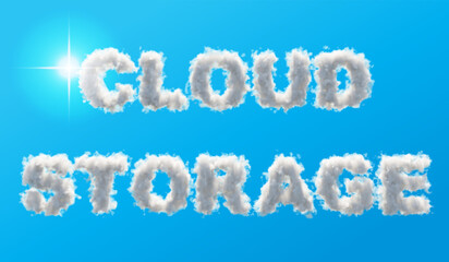 Naklejka premium Vector illustration. printed inscription Cloud Storage made of white clouds on a blue background.