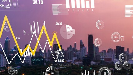 Business data analytic interface fly over smart city showing alteration future of business intelligence. Computer software and artificial intelligence are used to analyze big data for strategic plan .