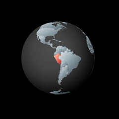 Low poly globe centered on Peru. Red polygonal country on the globe. Satellite view of Peru. Creative vector illustration.
