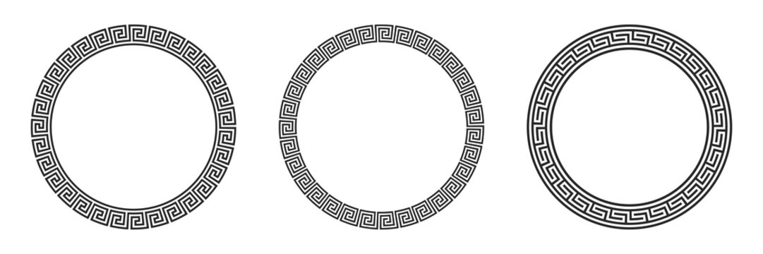 Greek circle frames set. Vintage ornaments silhouettes isolated on white.