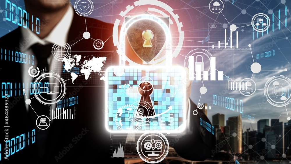 Poster cyber security encryption technology to protect data privacy conceptual . 3d render computer graphic
