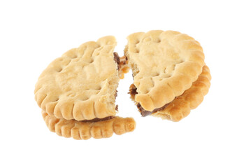 Broken tasty sandwich cookie with cream on white background