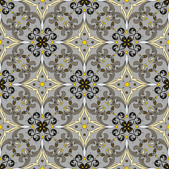 Luxurious seamless pattern in gray and yellow colors. Oriental background in baroque style, beautiful vintage decorative elements.