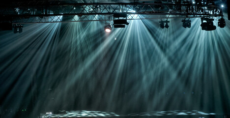 stage lighting in the theater and at the concert. Lighting equipment on an empty stage. - 484889574