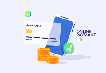 vector illustration of online payment, mobile phone with bank card and gold coins