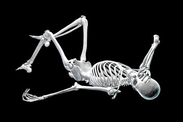 Human skeleton in a bad feeling unconsciousness position, conceptual 3D illustration