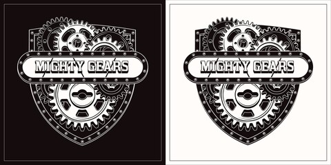 Vintage label in the shape of crest with black, white gears, metal rail, rivets, horizontal space for text. Monochrome emblem for repair service in steampunk style.