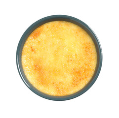 Delicious creme brulee in ceramic ramekin isolated on white, top view