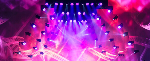 stage lighting in the theater and at the concert. Lighting equipment on an empty stage. - obrazy, fototapety, plakaty