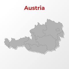 A modern map of Austria with a division into regions, on a gray background with a red title.