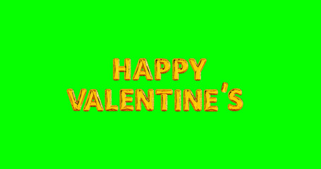 Golden balloons in the shape of valentine letters, golden metal text happy valentine's day. valentine's day preparation. Realistic design with green screen background. Bright holiday 3D ilustration