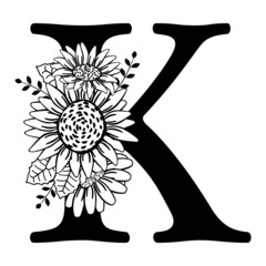 Letter K with sunflowers. Farmhouse monogram in vintage style. Black silhouette of letter for cutting on plotter, print. K symbol for family logo, name tag badge. Vector illustration isolated on white