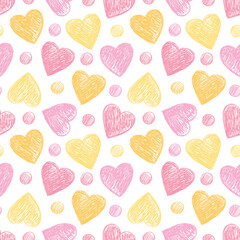 Seamless background with hearts in pink and yellow tones. Expressive dry brushes.