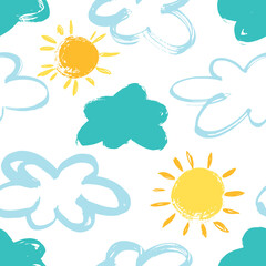 Seamless pattern with clouds and sun. Dry brush.