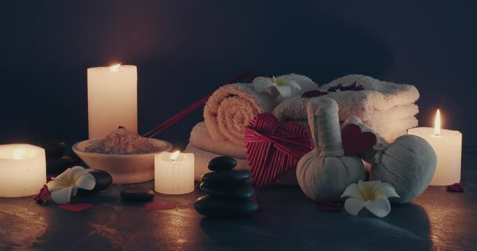 Beautiful spa composition on dark background. Valentines Day celebration