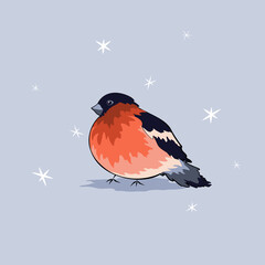 Hand-drawn wild wintering small tomtit with pinkish plumes on chest. Natural animalistic seasonal vector illustration. Eurasian bullfinch under snowflakes on blue background in simple flat style.