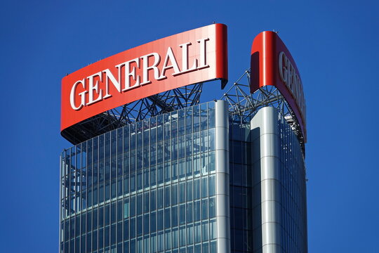 Logo on the headquarter of the Generali Group in the new, modern residential, business district of City Life in Milan. MILAN, ITALY - march 2020