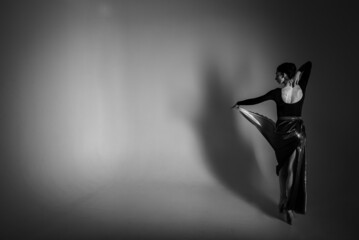 ballerina. Young elegant ballet dancer, dressed in professional clothes, shoes and a blue weightless skirt, turned back, low key. The beauty of classical ballet. Black and white photo