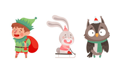 Happy animals celebrating Christmas set. Xmas elf, bunny and owlet with gifts cartoon vector illustration