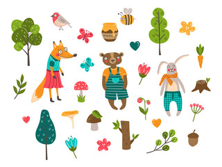 A set of vector flat illustrations with bear, honey and bee, trees, mushrooms, rabbit, carrot, fox, bird, flowers, twigs, stump, acorn, butterflies, berries